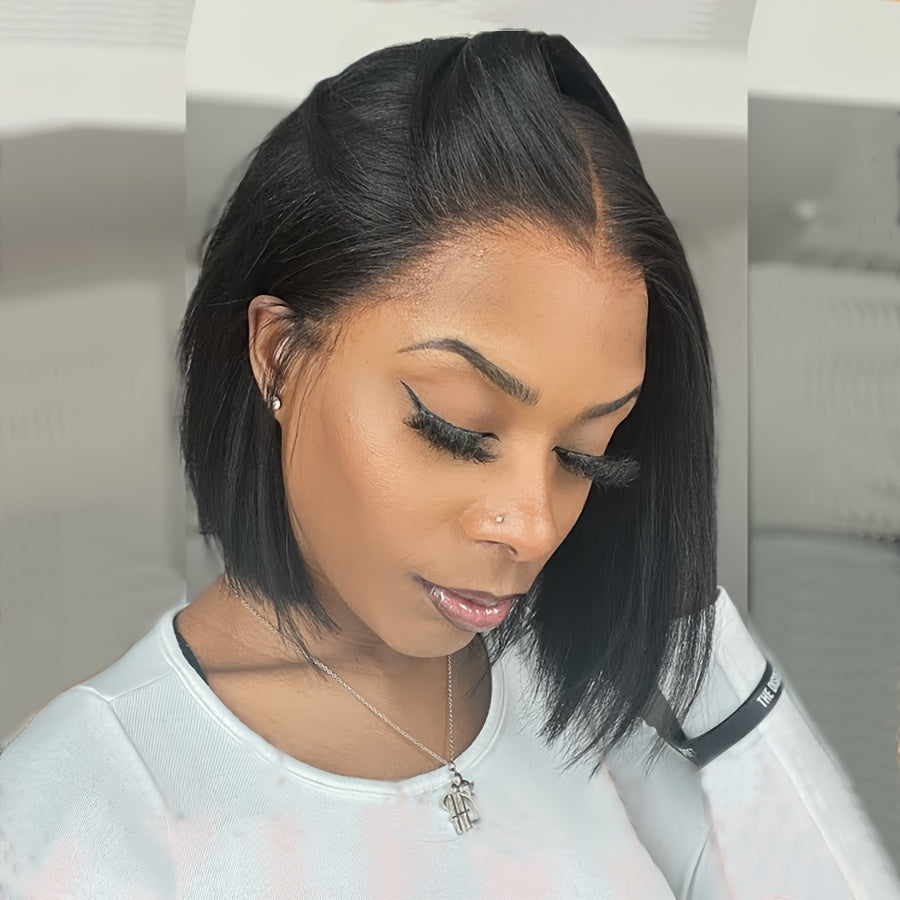 Glueless 13x4 Lace Frontal Wig Brazilian Human Hair Straight Bob Cut 150% Density Preplucked Natural Hairline & Bangs No Maintenance Elegant Wigs for Women All Ethnicities Every Occasion, Hair Wig, Versatile Hairpiece, Sleek